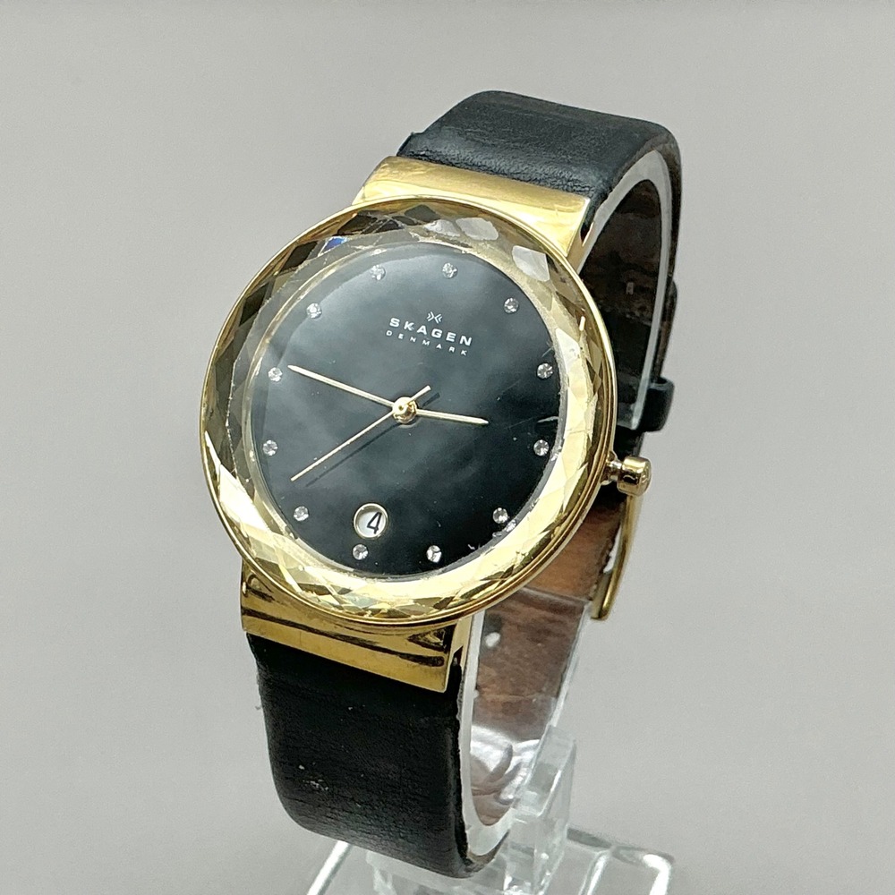 Skagen Watch Womens SKW2124 Leonora Gold Black Leather Crystal 35mm NEW BATTERY